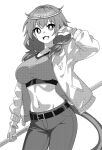  1girl alternate_costume belt belt_buckle breasts buckle commentary_request crop_top denim greyscale hand_up holding holding_polearm holding_weapon jacket jeans large_breasts long_sleeves medium_hair midriff monkey_girl monkey_tail monochrome navel navel_piercing onkn_sxkn open_mouth pants piercing polearm solo son_biten tail touhou twintails weapon 