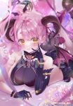  1girl aizono_manami aizono_manami_(2nd_costume) asymmetrical_gloves balloon black_horns blush breasts demon_wings fork gloves heart_balloon hikimayu holding holding_fork horns kaidayo large_breasts long_hair nijisanji official_art pink_hair purple_gloves sample_watermark side_ponytail smile solo striped striped_gloves uneven_gloves virtual_youtuber watermark wings yellow_eyes 