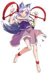  1girl animal_ears barefoot dairi dog_ears dog_tail foothold_trap frilled_skirt frills full_body grey_hair mitsugashira_enoko multicolored_hair multiple_tails pink_skirt purple_hair purple_shirt red_eyes shirt short_hair skirt solo streaked_hair tachi-e tail touhou transparent_background 