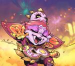  1boy :d body_fur closed_eyes fangs fireworks gnar_(league_of_legends) holding_guitar korean_commentary la_ilusion_gnar league_of_legends multicolored_background multicolored_fur official_alternate_costume open_mouth outdoors phantom_ix_row smile solo teeth yellow_background yordle 