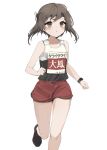  1girl black_footwear blush brown_eyes brown_hair foot_out_of_frame gym_uniform headgear kantai_collection one-hour_drawing_challenge parted_lips red_shorts shoes short_hair shorts simple_background solo taihou_(kancolle) white_background yamashichi_(mtseven) 