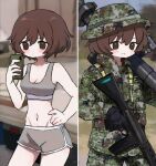  2girls akiyama_yukari assault_rifle black_gloves boonie_hat breasts brown_eyes brown_hair camouflage camouflage_headwear camouflage_jacket camouflage_pants cellphone closed_mouth commentary cowboy_shot dolphin_shorts dual_persona fgm-148_javelin frown girls_und_panzer gloves green_headwear green_jacket green_pants grey_shorts grey_sports_bra groin gun hand_on_own_hip hat highres holding holding_gun holding_phone holding_weapon howa_type_89 indoors jacket japan_ground_self-defense_force japan_self-defense_force long_sleeves looking_at_viewer loungewear medium_breasts messy_hair military military_hat military_jacket military_uniform multiple_girls multiple_views navel outdoors over_shoulder pants phone ri_(qrcode) rifle rocket_launcher short_hair short_shorts shorts smartphone smile soldier split_screen sports_bra standing trigger_discipline uniform weapon weapon_over_shoulder 