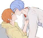 2boys aoyagi_touya blue_hair blush clothes_pull commentary eye_contact green_eyes grey_eyes highres juicelooped long_sleeves looking_at_another male_focus mole mole_under_eye multiple_boys orange_hair project_sekai shinonome_akito short_hair upper_body white_background yaoi 