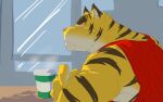  anthro biceps blue_eyes blush blush_lines clothing coffee_cup container crossed_arms cup eyebrows felid frown fur furniture hi_res male mammal morenatsu muscular muscular_anthro muscular_male pantherine rotton shirt sitting solo steam stripes table tank_top thick_eyebrows tiger topwear torahiko_(morenatsu) window yellow_body yellow_fur 