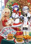  3girls ahoge altera_(fate) altera_the_santa_(fate) apron bell big_mac bikini bikini_top_only black_gloves black_thighhighs blue_eyes bow bra brooch brown_shirt burger capelet cheese chicken_nuggets choker christmas christmas_lights christmas_ornaments christmas_tree cup dark-skinned_female dark_skin disposable_cup drinking_straw earmuffs elbow_gloves fast_food fate/grand_order fate_(series) food french_fries fur-trimmed_capelet fur-trimmed_skirt fur_trim gift gloves green_bow hat headpiece holding holding_food holly jeanne_d&#039;arc_alter_santa_lily_(fate) jewelry jingle_bell ketchup lettuce long_hair martha_(fate) martha_(santa)_(fate) mcdonald&#039;s mittens morikura_en multiple_girls official_art purple_hair red_bra red_choker red_eyes red_gloves red_headwear red_skirt ribbon santa_costume santa_hat sesame_seeds shirt skirt striped striped_bow striped_ribbon swimsuit thighhighs underwear veil white_apron white_capelet white_mittens yellow_eyes 