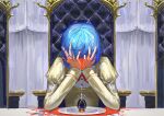  1girl absurdres blood blood_splatter blue_gemstone blue_hair bow bowtie buttons chair covering_face crying elbow_rest elbows_on_table faceless facing_viewer fu_si_lu_shu gem hands_on_own_face highres jacket juliet_sleeves long_sleeves mahou_shoujo_madoka_magica mahou_shoujo_madoka_magica_(anime) miki_sayaka mitakihara_school_uniform plate puffy_sleeves red_bow red_bowtie school_uniform short_hair solo soul_gem table tablecloth tears upper_body yellow_jacket 