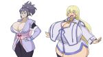  2girls absurdres alternate_breast_size black_hair blonde_hair breasts cleavage colette_brunel fujibayashi_sheena gigantic_breasts happy highres huge_breasts large_breasts multiple_girls non-web_source shirt tales_of_(series) tales_of_symphonia thick_thighs thighs tight_clothes tight_shirt wide_hips 