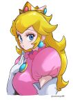  1girl aosora2823 blonde_hair blue_brooch blue_eyes breasts crown dress earrings elbow_gloves gloves highres jewelry long_hair mario_(series) medium_breasts pink_dress pink_lips princess princess_peach puffy_short_sleeves puffy_sleeves short_sleeves solo sphere_earrings white_gloves 