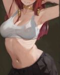  1girl armpit_crease armpits arms_up black_skirt bra breasts choker closed_mouth covered_nipples cropped_head cropped_legs frown grey_background hair_rings highres large_breasts long_hair midriff navel red_hair ribs skirt solo suggestive_fluid underwear white_bra xibuxibutittye 