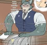  anthro balls beastars big_penis blush bottomwear bulge canid canine canis clothed clothing english_text erection erection_under_clothing genitals hi_res hiding_erection huge_penis legoshi_(beastars) male mammal muscular muscular_anthro muscular_male necktie pants penis penis_shaped_bulge school_uniform solo sound_effects text thinking thought_bubble tsukielewds uniform vein veiny_muscles wolf 