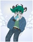 anthro antlers bottomwear chest_tuft clothed clothing deer denim denim_clothing denim_jacket food fully_clothed fur gloves green_clothing green_eyes green_hair green_tongue grey_body grey_fur hair handwear heart_(marking) hi_res hoofy_(hoofydeer) hoofydeer horn jeans long_tongue male male/male mammal markings pants plant popsicle shaded simple_background simple_coloring simple_shading snow snow_on_trees snowing snowing_outside solo spots spotted_markings tongue tree tuft white_body white_fur 