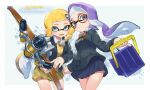  2girls artist_name asymmetrical_hair blonde_hair blue_eyes bow bow_(weapon) breasts bucket colored_tongue from_side glasses hair_ornament hairclip holding holding_weapon inkling inkling_girl jinkobanana long_hair multiple_girls necktie open_mouth purple_eyes purple_hair round_eyewear school_uniform skirt smile splatoon_(series) splatoon_3 tentacle_hair tri-slosher_(splatoon) tri-stringer_(splatoon) weapon yellow_skirt 