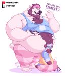  2023 anthro barefoot barley_(barleytheburr) bear beard belly big_belly body_hair bottomwear chest_hair claws clothing dialogue duo english_text eyebrows facial_hair feet fur hair happy_trail hi_res hyena male mammal moobs obese obese_anthro obese_male open_mouth open_smile overweight overweight_anthro overweight_male pajama_pants pants patreon pawpads pubes shadow shirt simple_background sitting size_difference smile spotted_hyena standing stompsthecroc tank_top teeth text tongue topwear tuft twitch.tv url vtuber white_background 