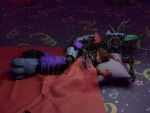  3d_(artwork) animatronic anthro bedding blanket bracelet canid canine canis cassie_(fnaf) claws digital_media_(artwork) duo female hi_res human jewelry lying machine mammal mariennesapphire on_front on_side pillow robot ruined_roxanne_wolf_(fnaf) sleeping wolf 