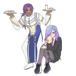  1girl bhima_(fate) bhima_(second_ascension)_(fate) black_jacket blush bowl cerejeira_elron command_spell dark-skinned_male dark_skin fate/grand_order fate_(series) food full_body gradient_hair green_eyes hair_over_one_eye highres holding holding_food holding_tray jacket jewelry legs_up long_hair long_sleeves makeup multicolored_hair nail_polish necktie ponytail purple_hair purple_nails purple_necktie shi_pen68a shirt simple_background sitting smile tray white_background white_shirt 