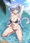  1girl absurdres animal_ear_fluff animal_ears arm_behind_head arm_up armpits bare_arms bare_legs bare_shoulders barefoot beach bikini black_bikini bow breasts cat_ears cat_girl cat_tail character_request cleavage day hair_bow highres indie_virtual_youtuber kneeling large_breasts long_hair looking_at_viewer navel nomalman open_mouth outdoors pink_eyes pulled_by_self skindentation smile solo stomach strap_pull string_bikini sunlight swimsuit tail thighs twintails virtual_youtuber water wet white_hair 