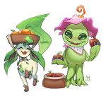  absurdres apple artist_name closed_eyes crossover digimon digimon_(creature) flower food fruit full_body highres holding holding_food holding_fruit leafeon lushiesart no_humans open_mouth orange_(fruit) palmon petals pokemon sharp_teeth simple_background teeth transparent_background watermark 