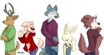  anthro antlers beastars belt bird_dog black_nose blue_bottomwear blue_clothing blue_jeans blue_overalls blue_pants blue_shirt blue_topwear bottomwear brown_belt brown_body brown_fur brown_nose buckteeth button-down_shirt canid canine canis claws clothing crossed_arms deer denim denim_clothing domestic_dog female fur golden_retriever green_button-down_shirt green_clothing green_shirt green_topwear grey_body grey_fur group half-closed_eyes haru_(beastars) hoodie horn hunting_dog jack_(beastars) jeans juno_(beastars) khaki_pants lagomorph legoshi_(beastars) leporid louis_(beastars) male mammal montypup narrowed_eyes open_mouth orange_clothing orange_shirt orange_topwear overalls pants pattern_clothing pattern_shirt pattern_topwear purple_sweatshirt rabbit red_clothing red_hoodie red_topwear retriever shirt signature simple_background smile spots spotted_clothing spotted_topwear tan_body tan_fur teeth teeth_showing tongue_showing topwear white_background wolf 