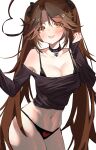  1girl :d absurdres bare_shoulders black_choker black_panties black_shirt blush bra_strap breasts brown_hair character_request choker cleavage commentary copyright_request cowboy_shot crop_top heart heart_choker highres large_breasts long_hair long_sleeves looking_at_viewer midriff navel no_pants off-shoulder_shirt off_shoulder open_mouth panties shirt simple_background smile solo standing stomach thighs twintails underwear very_long_hair white_background yashu_(shubewbz) yellow_eyes 