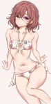  1girl absurdres bikini brown_hair feet_out_of_frame floral_print front-tie_bikini_top front-tie_top halterneck highres higuchi_madoka idolmaster idolmaster_shiny_colors landel mole mole_under_eye official_alternate_costume purple_eyes short_hair side-tie_bikini_bottom solo swept_bangs swimsuit white_bikini 