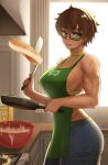  1girl apron artist_name beatriz_(cslucaris) bowl breasts brown_hair cooking cowboy_shot cslucaris denim fangs fire food frying_pan green_eyes green_nails hair_between_eyes highres holding holding_spatula indoors jeans large_breasts looking_at_viewer muscular muscular_female open_mouth original pancake pants patreon_username scar short_hair slit_pupils solo spatula stove teeth tongue watermark 