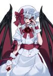  1girl absurdres artist_name bat_wings blood blood_on_clothes blood_on_face blood_on_hands blue_hair bow cleavage_cutout clothing_cutout fingernails hand_on_own_face hat highres himadera jacket large_wings licking_lips mob_cap open_mouth red_bow red_brooch red_eyes remilia_scarlet short_hair short_sleeves skirt smile solo tongue tongue_out touhou white_background white_headwear white_jacket white_skirt wings wrist_cuffs 