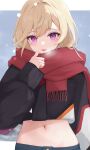  1girl absurdres black_jacket blonde_hair breath cropped_jacket day facial_mark grey_shorts highres hip_bones jacket komori_met light_smile long_hair looking_at_viewer midriff navel nif7y outdoors parted_lips purple_eyes red_scarf scarf shorts sleeves_past_wrists snowing solo stomach triangle_facial_mark virtual_youtuber vspo! 