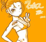  1girl :p arm_tattoo bikini bikini_day breasts flower_tattoo highres looking_at_viewer monochrome one_eye_closed orange_background original short_eyebrows short_hair short_ponytail simple_background small_breasts solo swimsuit tamaki_nozomu tattoo tongue tongue_out upper_body v 