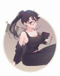  1girl artist_name black-framed_eyewear black_hair black_pants book breasts character_name chyappi cleavage frown glasses highres holding holding_book jacket jacket_partially_removed large_breasts long_hair minakata_hizuru pants ponytail purple_eyes solo summertime_render 