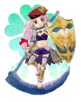  1girl armor armored_boots beret bikini_armor black_eyes boots bow breasts closed_mouth commentary_request cross faulds full_body gauntlets hair_bow hat heterochromia holding holding_scythe holding_shield long_hair looking_at_viewer low-tied_long_hair navel pauldrons pink_hair pointy_ears purple_eyes purple_shorts purple_thighhighs ragnarok_online red_bow red_headwear royal_guard_(ragnarok_online) scythe shield shorts shoulder_armor sideways_hat small_breasts smile solo thighhighs umaruzo white_background 
