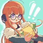  ! !! 1girl :o ahoge aqua_background behind-the-head_headphones chips_(food) cup_ramen dated food frost_x_(46282847) fur-trimmed_jacket fur_trim glasses green_jacket headphones highres holding holding_food holding_snack jacket long_hair looking_at_food no_nose open_mouth orange_hair persona persona_5 potato_chips purple_eyes sakura_futaba snack solo sparkling_eyes very_long_hair 