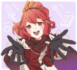  1girl :d anna_(fire_emblem) black_gloves book cape dress fire_emblem fire_emblem_engage gloves jewelry long_sleeves looking_at_viewer mojakkoro outstretched_hand ponytail purple_background red_dress red_eyes red_hair ring smile solo staff sword teeth two-tone_dress upper_body upper_teeth_only weapon white_dress 