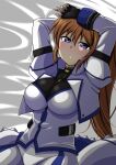  1girl black_gloves blue_eyes blush breasts brown_hair fingerless_gloves gloves highres kunisaki-air large_breasts long_hair looking_at_viewer lying lyrical_nanoha magical_girl mahou_shoujo_lyrical_nanoha_strikers on_back ponytail solo takamachi_nanoha 