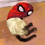  absurdres animal animal_focus artist_name brown_fur cat cat_tail catwheezie covered_face english_commentary from_above full_body highres lying marvel mask no_humans on_floor original red_mask solo spider-man spider-man_(series) spider_web_print tail white_fur 
