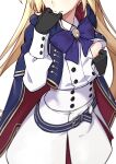  1girl artoria_caster_(fate) artoria_caster_(third_ascension)_(fate) artoria_pendragon_(fate) belt black_gloves blonde_hair blue_bow blue_cape bow cape fate/grand_order fate_(series) gloves highres long_hair long_sleeves morisobo nipples one_breast_out ribbon simple_background solo standing very_long_hair white_background 