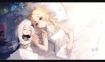  2girls blonde_hair blue_flower book camisole closed_eyes closed_mouth commentary_request drooling flower genshin_impact hair_between_eyes halo highres holding_hands kino_(m6t2a) letterboxed long_hair lumine_(genshin_impact) mechanical_halo multiple_girls on_bed open_mouth paimon_(genshin_impact) pillow slime_(genshin_impact) smile under_covers white_camisole white_flower white_hair yellow_eyes 