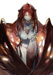  1girl absurdres arms_up breasts claws cleavage colored_skin completely_nude cropped_feet crying grey_skin hands_on_own_head highres looking_at_viewer miao_jiangyou monster_girl monster_hunter_(series) no_nipples nude personification red_hair sad solo spikes vaal_hazak white_background wings yellow_eyes 
