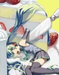  1girl absurdly_long_hair amputee aqua_hair aqua_necktie black_footwear black_skirt boots cake collared_shirt commentary_request detached_sleeves everything_is_cake_(meme) feet_out_of_frame food fork from_above grey_shirt hair_flowing_over hatsune_miku headphones highres in_food knife long_hair looking_at_viewer looking_up lying meme mini_person minigirl necktie on_side open_mouth pleated_skirt shirt shoulder_tattoo skirt sleeveless sleeveless_shirt smile solo strawberry_shortcake tattoo thigh_boots twintails utensil very_long_hair vocaloid x_oo39 yellow_background zettai_ryouiki 
