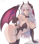  1girl absurdres ahyra ara_ara ass bent_over black_gloves bone bow bowtie breasts covered_nipples demon demon_girl demon_horns demon_tail demon_wings gloves heart highres horns huge_ass indie_virtual_youtuber kuromoro large_breasts lipstick long_hair looking_at_viewer makeup mature_female nipples pointy_ears solo standing tail thick_thighs thighhighs thighs vampire virtual_youtuber white_hair wings 