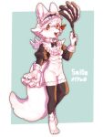  2022 3:4 accessory anagod anthro canid canine clothed clothing female fox frilly frilly_clothing frilly_underwear fur hair_accessory hi_res holding_object japanese_text kemono legwear maid_apron maid_headdress maid_uniform mammal partially_clothed ribbons shirt_cuffs simple_background smile solo stockings text tray uniform white_body white_fur 