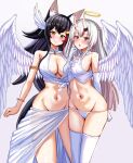  2girls animal_ears arm_behind_back armlet bare_shoulders black_hair blush bracelet breasts cleavage closed_mouth crop_top elbow_gloves fang feathered_wings gloves gradient_hair grey_background grey_hair groin hair_ornament hairclip halo highres hololive horns jewelry large_breasts long_hair looking_at_viewer multicolored_hair multiple_girls nakiri_ayame navel nootomo oni_horns ookami_mio open_mouth panties red_eyes sarong see-through simple_background skin-covered_horns sleeveless smile stomach streaked_hair tail thighhighs two-tone_hair underwear very_long_hair virtual_youtuber white_gloves white_panties white_thighhighs white_wings wings wolf_ears wolf_girl wolf_tail yellow_eyes 