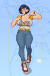  1girl artist_name belt black_hair blue_background blue_eyes blue_pants blush bracelet breasts collarbone commentary commission denim frown hair_behind_ear highres jeans jewelry large_breasts orange_belt original pants print_shirt red_footwear shirt shirt_tucked_in shoes short_hair sneakers snowcie solo sweat symbol-only_commentary thick_thighs thighs 