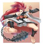  1girl baiken bandages barefoot border breasts club_(weapon) eiji_(eiji) eyepatch feet foreshortening guilty_gear guilty_gear_strive highres japanese_clothes kanabou katana kimono large_breasts open_clothes open_kimono open_mouth ponytail red_eyes red_hair sheath sheathed solo spiked_club sword weapon white_border wide_sleeves 