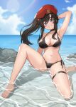 :d absurdres arm_behind_head barefoot beret bikini black_bikini black_choker blue_eyes breasts brown_hair choker cloud cloudy_sky collarbone commission feet female_commander_(girls&#039;_frontline) full_body girls&#039;_frontline hat highres large_breasts legs lens_flare long_hair nanni_jjang navel ocean open_mouth outdoors red_headwear red_ribbon ribbon rock side_ponytail sitting sky smile solo swimsuit termichan_(not-a-bot) thigh_strap thighs toes wet 