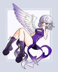  1girl adapted_costume bare_shoulders boots breasts cleavage cleavage_cutout clothing_cutout commentary_request covering_mouth cross-laced_footwear dress full_body gao_wanwan grey_hair hand_over_own_mouth highres kishin_sagume knees_up looking_at_viewer medium_hair purple_footwear red_eyes single_wing sleeveless sleeveless_dress solo touhou wings 