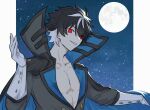  1boy black_cape black_hair black_jacket border cape charlemagne_(fate) commentary_request fate/grand_order fate_(series) full_moon gloves hair_over_eyes hand_up high_collar highres jacket looking_at_viewer moon multicolored_hair night night_sky parted_bangs red_eyes sky smile solo star_(sky) streaked_hair two-tone_hair white_border white_gloves white_hair yukihara_sbgd 