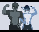  2023 anthro athletic athletic_anthro athletic_male biped black_body black_fur blue_body brown_eyes canid canine clothed clothing derio_(kakhao) digital_media_(artwork) duo eyewear fish flexing_bicep fur glasses goon_(goonie_san) grey_body grey_fur hi_res kakhao letterbox male mammal marine multicolored_body multicolored_fur red_eyes round_glasses shark simple_background topless topless_anthro topless_male two_tone_body two_tone_fur white_background white_body 