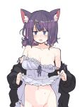  1girl :3 animal_ear_fluff animal_ears bad_id bad_twitter_id black_jacket blush breasts cat_ears character_request clothes_lift collarbone copyright_request dress dress_lift fang groin hair_ornament hairclip highres inactive_account jacket jitome lifted_by_self looking_at_viewer medium_breasts multicolored_hair navel no_panties off_shoulder out-of-frame_censoring pink_hair purple_eyes purple_hair simple_background solo streaked_hair sweat tomatojam white_background 