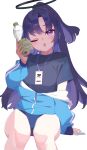  1girl absurdres arm_support black_shirt blue_archive blue_buruma blue_jacket bottle bottle_to_cheek breasts buruma commentary_request feet_out_of_frame halo hand_up highres holding holding_bottle jacket long_hair long_sleeves medium_breasts parted_bangs ponytail puffy_long_sleeves puffy_sleeves purple_eyes purple_hair shirt short_sleeves simple_background sitting sleeves_past_wrists solo track_jacket u-st_(uweiter) very_long_hair water_bottle white_background yuuka_(blue_archive) yuuka_(track)_(blue_archive) 