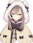  1girl ahoge animal_hood bear_hood berry black_choker brown_capelet brown_eyes brown_hair capelet choker crossed_bangs earrings food-themed_earrings fur_trim highres hololive hololive_english hood hood_up jewelry long_hair looking_at_viewer multicolored_hair nanashi_mumei nanashi_mumei_(3rd_costume) official_alternate_costume pom_pom_(clothes) pout ribbon streaked_hair virtual_youtuber yato_kamo 